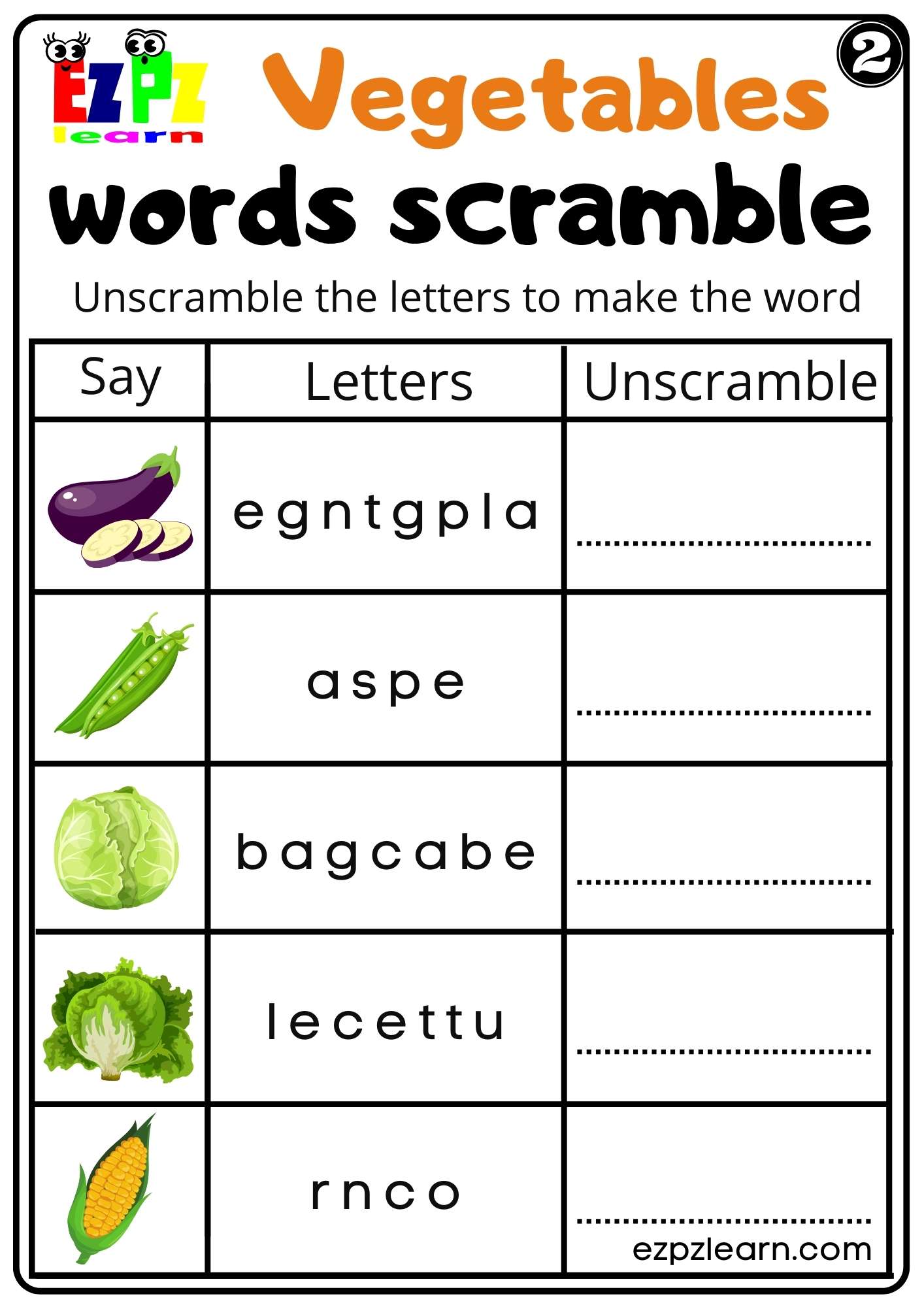 Vegetables Word Scramble Worksheet for Kindergarten K5 and ESL Students Set 2